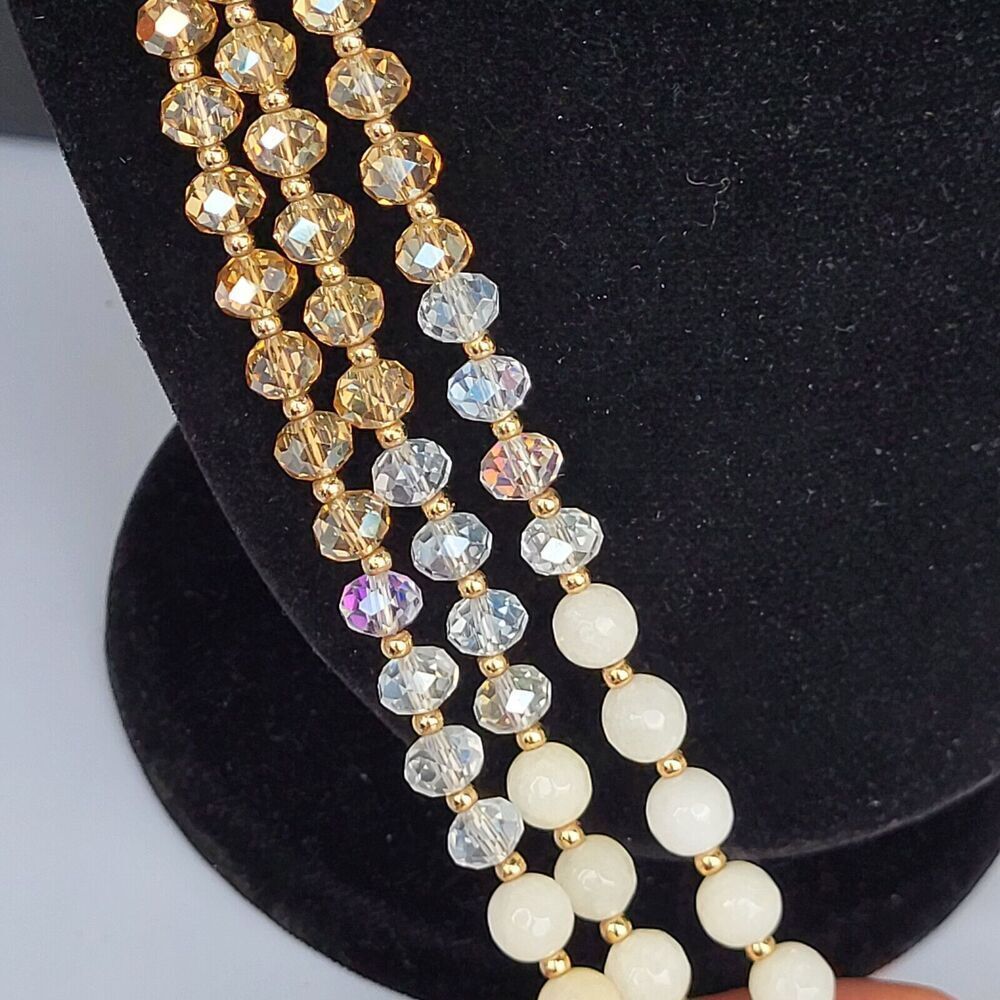 Stunning Bohemian 3 Strand Faceted Agate, Crystal and Quartz Necklace 25"